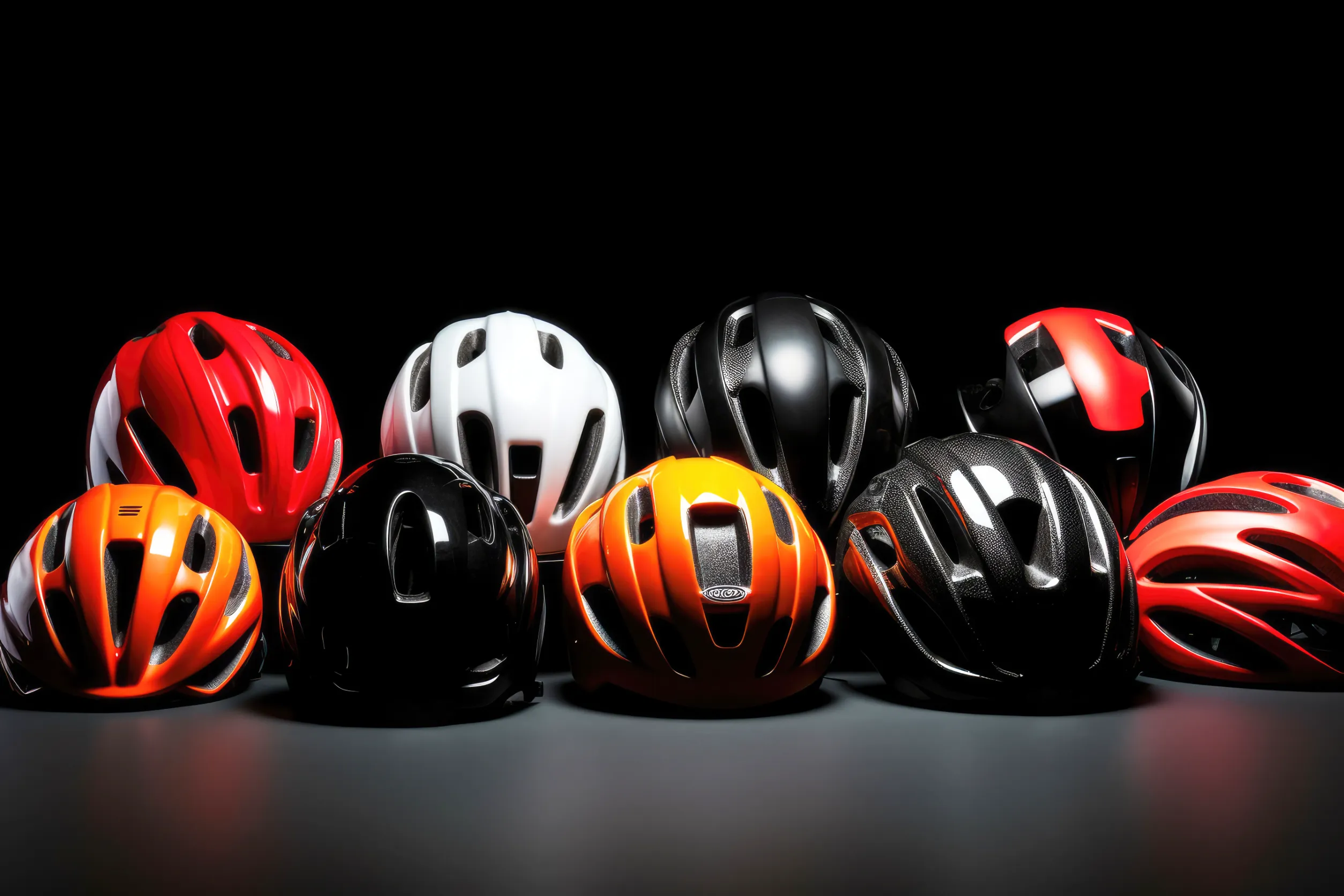 Multi-colored bicycle helmets on a black background. Generative AI.